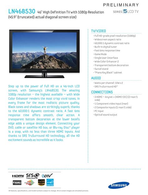 Samsung Ln46b530 Brochure And Specs Pdf Download Manualslib
