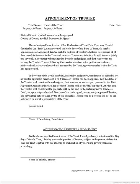 Free Appointmentoftrustee Form Printable Real Estate Forms Real
