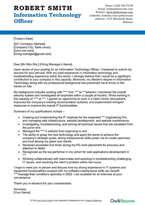 Information Technology Officer Cover Letter Examples Qwikresume