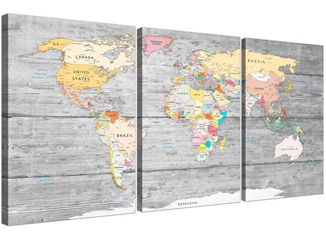 Large Map Of World Canvas Art Print Colourful Light Grey Multi 3