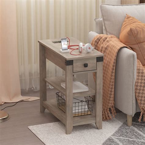 Hoseoka Narrow End Table With Charging Station Farmhouse End Table With