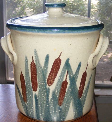monroe salt works pottery stoneware cattail small canister maine