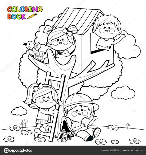 Kinderen Spelen In Een Boomhut Zwart Wit Boekenpagina Kleurplaten