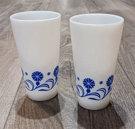 Vintage Hazel Atlas Milk Glass Tumblers White With Blue Flower Leaf Set