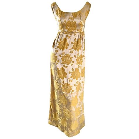 Beautiful 1960s 60s Marigold Yellow Gold Metallic Floral Evening Gown