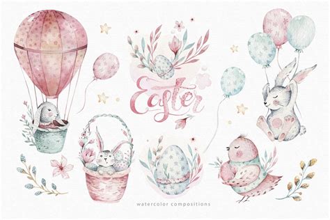 Watercolor Happy Easter Clipart Digital Bunnies Illustration Nursery