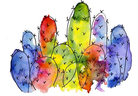 Watercolor Cactus Abstract Colorful Hand Drawn Cacti Stock Illustration
