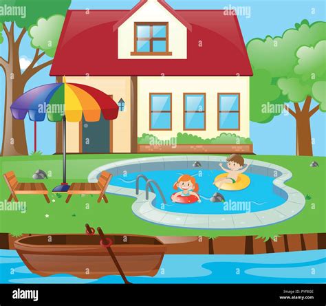 Two Kids Having Fun In The Pool Illustration Stock Vector Image And Art