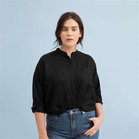 A Warm Weather Staple This Collarless Shirt Features A Breezy Boxy