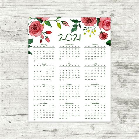 2021 Year At A Glance Calendar Red Roses Printable Calendar At A