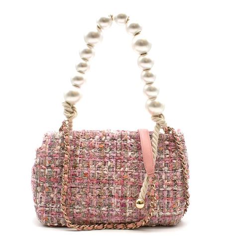 Chanel Pink Tweed Flap Bag With Large Pearl Handle Ss19 Collection At