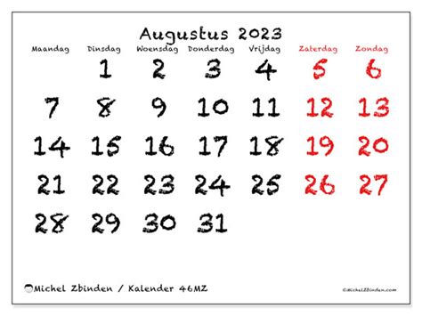 Kalender Augustus 2023 Om Af Te Drukken “621mz” Michel Zbinden Nl