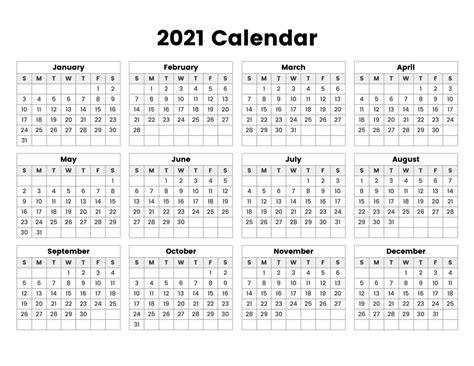 Yearly Calendar 2021 A Printable Calendar