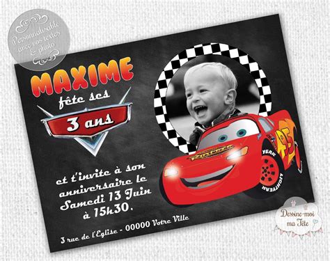 Un petit texte rigolo et voici une invitation d'anniversaire pour enfants originale format 13,5 x 13,5 cm ! Invitation anniversaire Cars Ardoise personnalisée ...