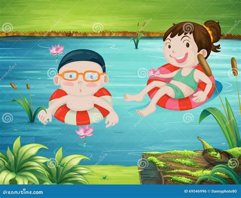 Two Kids Swimming In The River Stock Vector Illustration Of Outside