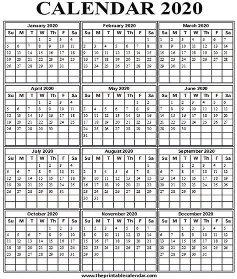 Printable 2020 Calendar One Page 12 Month Calendar