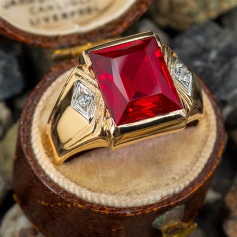 Retro Vintage Mens Lab Created Ruby Ring Yellow Gold
