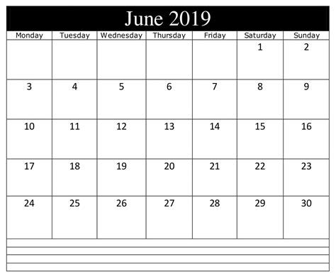 June 2019 Calendar Notes Printable June Calendar Printable June 2019