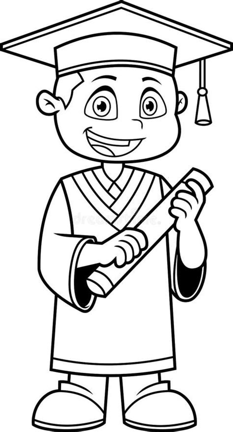 Outlined Graduate Boy Cartoon Character Holding A Diploma Certificate