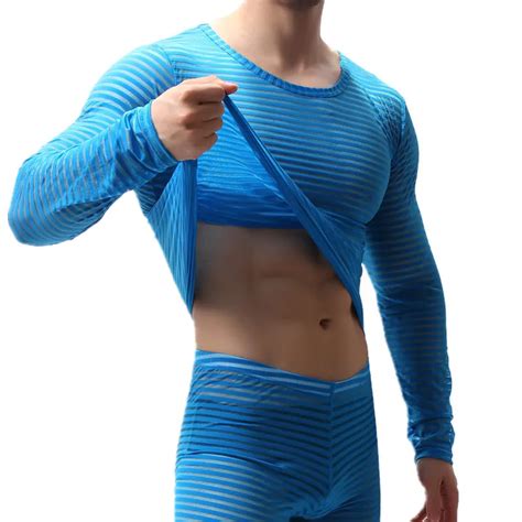 Men Undershirts Mesh Striped Transparent Shirts Long Sleeve Underwear