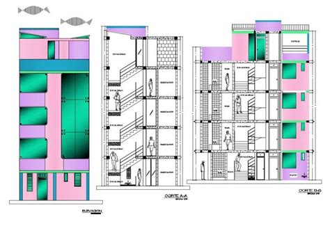 Five Story Hotel Building Main Elevation And Section Drawing Details