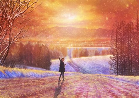 Anime Girl Waving Goodbye As She Leaves Down A Long Snowy Road By Kupe