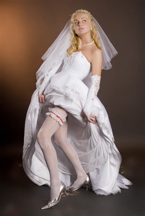 Blonde Young Bride Wearing White Opaque Pantyhose And