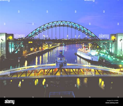 Swing Bridge And New Tyne Bridge At Night Newcastle Upon Tyne