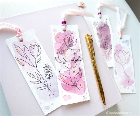 Handmade Watercolor Bookmarks With Botanical Line Art Book Lover T