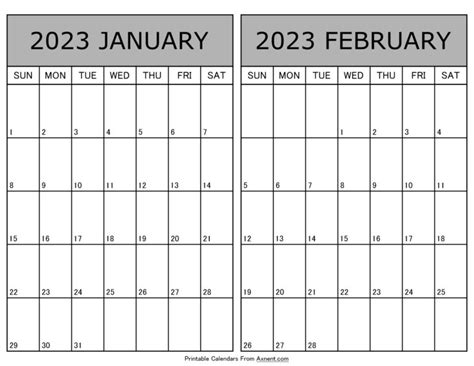 January February 2023 Calendar Templates Two Months