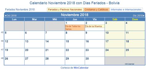 Calendario Noviembre 2018 Para Imprimir Bolivia