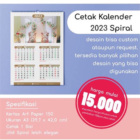Jual Kalender Dinding 2023 Spiral A3 Bisa Satuan Custom Desain Kertas