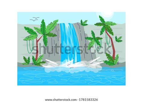 Jungle Waterfall Semi Flat Vector Illustration เวกเตอร์สต็อก ปลอดค่า