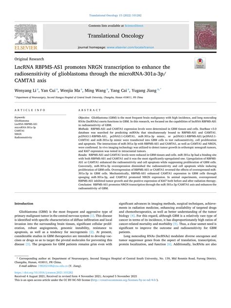 Pdf Lncrna Rbpms As Promotes Nrgn Transcription To Enhance The