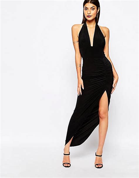 Club L Deep Plunge Halterneck Maxi Dress With Side Ruched Detail Asos