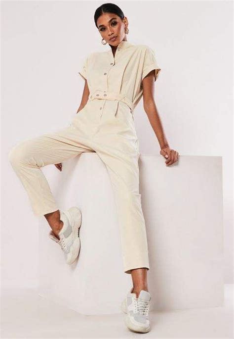 Missguided Cream Utility Pocket Belted Romper Jumpsuits For Women