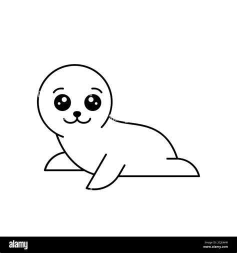 Cute White Baby Seal In Kawaii Style Little Smiling Harp Seal