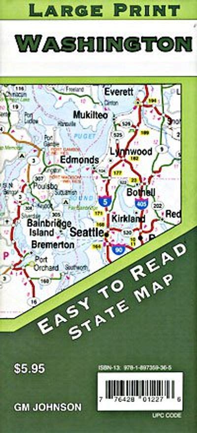 Washington State Large Print Road Map Gm Johnson