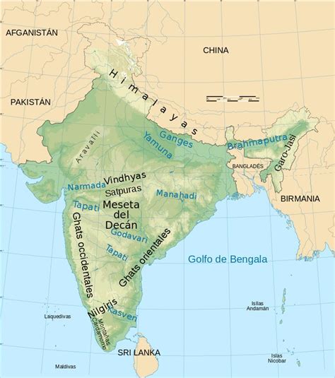 India Physical Map Es Geografía De La India Wikipedia La