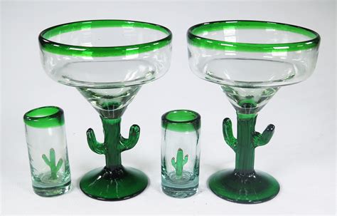 Margarita Green Rim Saguaro Cactus Stem Made In Mexico With Recycled Glass Mexican Bubble Glass