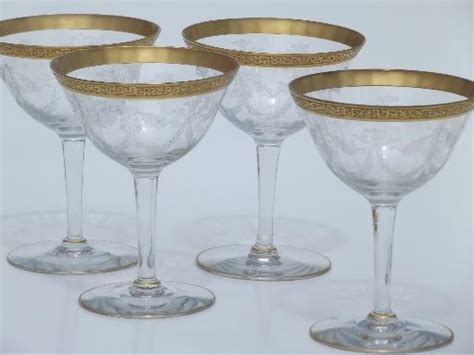 Gold Encrusted Laurel Band Etched Crystal Vintage Champagne Glasses