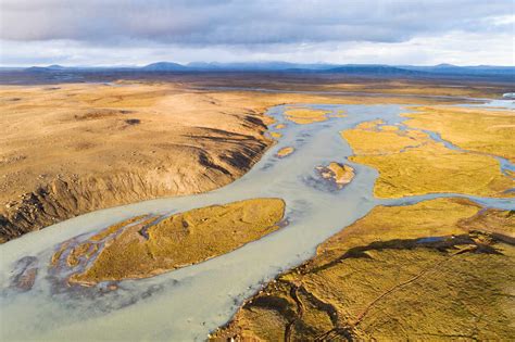 Aerial View Of The River Hvita In The Last Sunlight Of The Day Kjolur