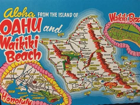 Aloha From Oahu And Waikiki Beach Map Vintage Postcard Unposted