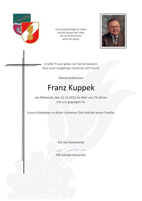 Wir Trauern Um Unseren Kameraden Franz Kuppek 1943 2022