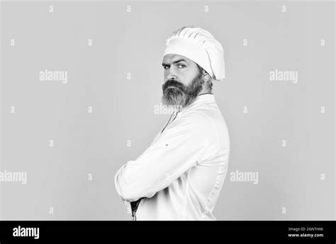 Chef Wear Apron And Hat Healthy Food Cooking Bearded Man Chef Uniform Bearded Man Cooking In