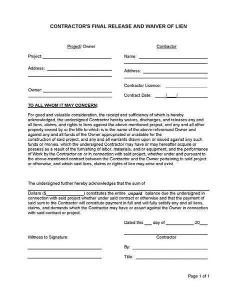 Contractor Waiver Of Lien Printable Printable Form Templates And Letter