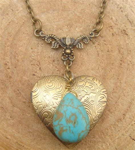 Antique Brass Turquoise Flower Locket Necklace Victorian Jewelry T