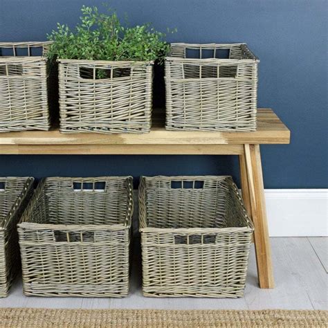 Antique Wash Wicker Storage Basket Large Grey Woven Home Shelf Rustic