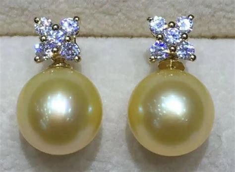 AAA 10 11 Mm Round Natural South Sea Gold Pearl Earrings 14 K Yellow