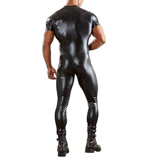 Zentai Spandex Iiniim Sexy Mens Full Body Leotard Short Sleeves Unitard Faux Leather Bodysuit